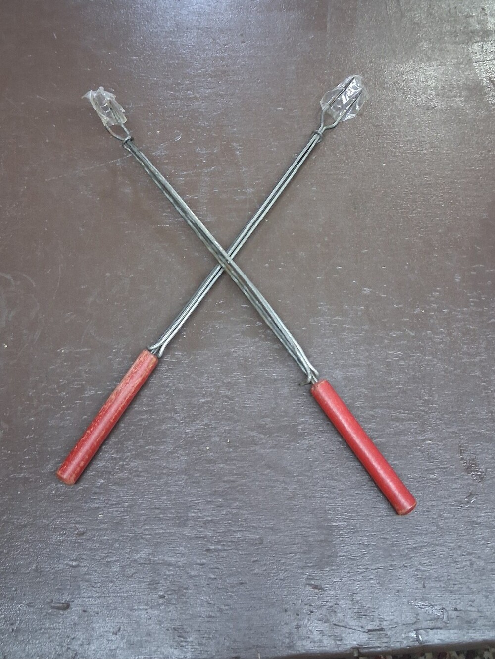 Pair of 2 Vintage metal Red Adjustable Hot Dog Skewer Fork Campfire Wood Handles